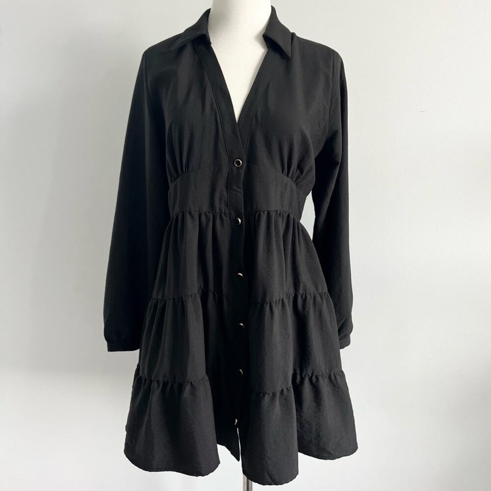 NWT Zara Tiered Ruffle Shirt Dress Black Size S